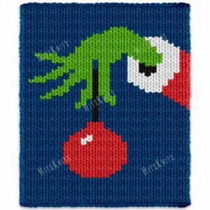 Grinch holding red Ornament Blanket Finger Knit Pattern