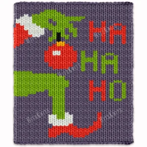 Ha Ha Ho Grinch holding red ornament Chunky Blanket Knit Pattern
