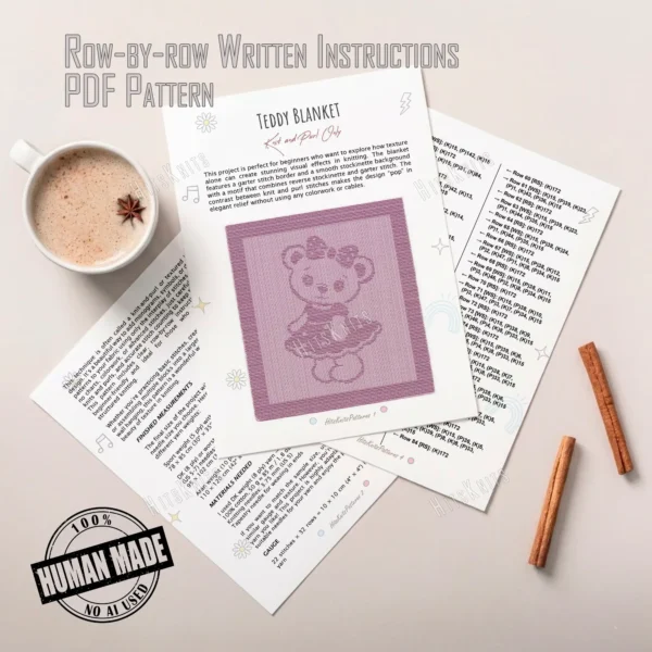 Light pink knitted baby blanket with a textured teddy bear girl design, featuring a bow and frilly dress, framed by a wide garter stitch border