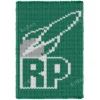 Green chunky knitted blanket with a white RP rocket logo, made in plush yarn using finger knitting, with a soft textured surface.