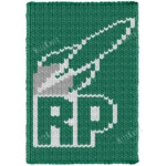 Green chunky knitted blanket with a white RP rocket logo, made in plush yarn using finger knitting, with a soft textured surface.