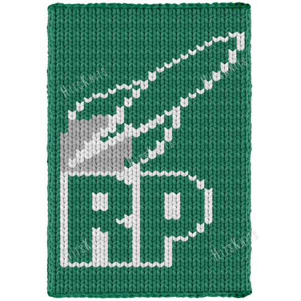 Green chunky knitted blanket with a white RP rocket logo, made in plush yarn using finger knitting, with a soft textured surface.