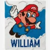 Super Mario personalized blanket with name William, C2C crochet pattern design, flying Mario on blue sky background with clouds, white border, baby boy blanket concept
