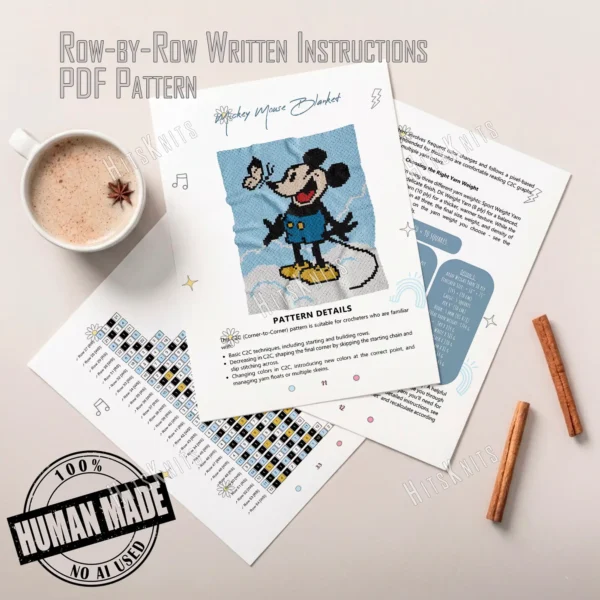 C2C crochet blankets featuring Mickey and Minnie Mouse from a Disney cartoon, two pixel-style blanket designs on blue background with clouds, corner to corner crochet pattern set