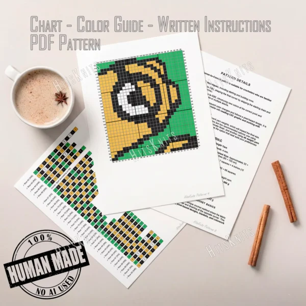 Minion C2C crochet blanket with one eyed character design, yellow and black details on green background, close up pixel style baby blanket