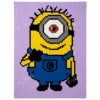 Minion Stuart C2C crochet blanket with one eyed character design, yellow body and blue overalls on purple background, full body pixel style blanket