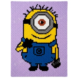 Minion Stuart C2C crochet blanket with one eyed character design, yellow body and blue overalls on purple background, full body pixel style blanket