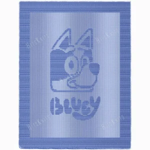 Blue knit and purl blanket with a textured Bluey dog motif and “bluey” lettering, framed by a garter stitch border on a light background