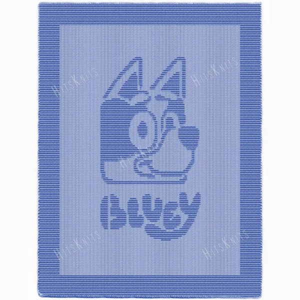 Blue knit and purl blanket with a textured Bluey dog motif and “bluey” lettering, framed by a garter stitch border on a light background