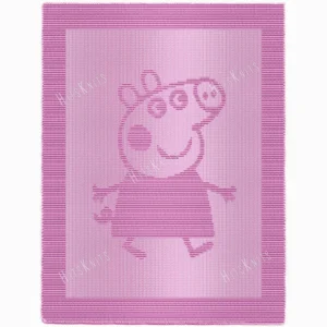 Pink knit and purl blanket with a textured Peppa Pig character motif, framed by a garter stitch border