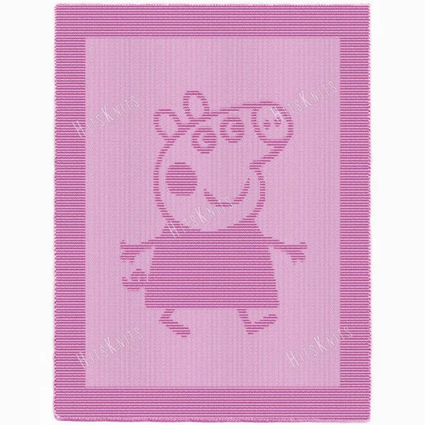 Pink knit and purl blanket with a textured Peppa Pig character motif, framed by a garter stitch border