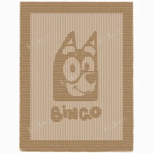Beige knit and purl blanket with a textured Bingo character motif and “bingo” lettering, framed by a garter stitch border on a light background