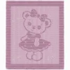 Light pink knitted baby blanket with a textured teddy bear girl design, featuring a bow and frilly dress, framed by a wide garter stitch border