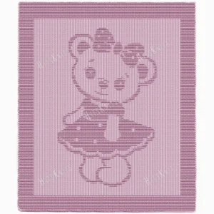 Light pink knitted baby blanket with a textured teddy bear girl design, featuring a bow and frilly dress, framed by a wide garter stitch border