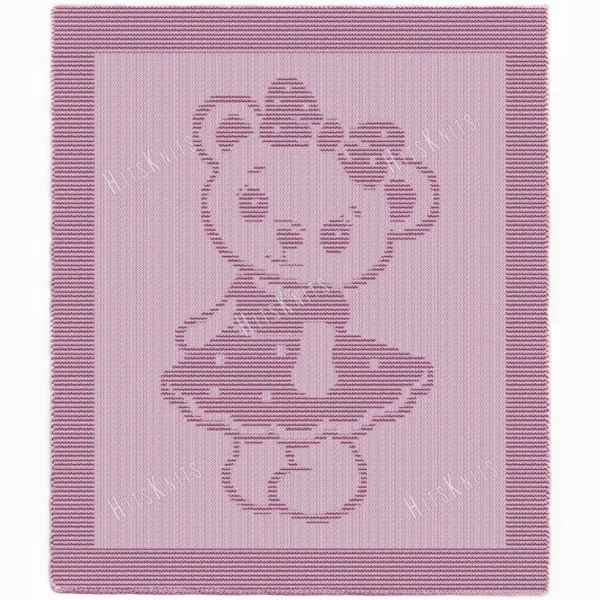 Light pink knitted baby blanket with a textured teddy bear girl design, featuring a bow and frilly dress, framed by a wide garter stitch border