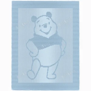 Light blue knitted baby blanket with a textured honey bear design inspired by Winnie the Pooh, framed by a wide garter stitch border