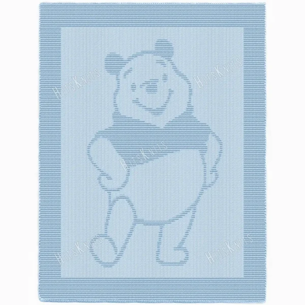 Light blue knitted baby blanket with a textured honey bear design inspired by Winnie the Pooh, framed by a wide garter stitch border