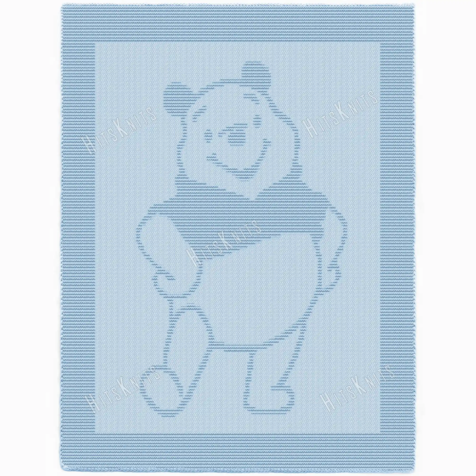 Light blue knitted baby blanket with a textured honey bear design inspired by Winnie the Pooh, framed by a wide garter stitch border