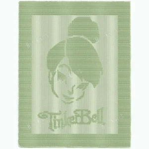 Light green knitted baby blanket with a textured Tinker Bell fairy design inspired by Peter Pan, framed by a wide garter stitch border.