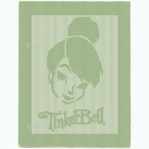 Light green knitted baby blanket with a textured Tinker Bell fairy design inspired by Peter Pan, framed by a wide garter stitch border.