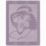 Soft lavender knitted baby blanket with a textured Princess Jasmine design from Disney Aladdin, framed by a wide garter stitch border.
