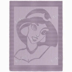Soft lavender knitted baby blanket with a textured Princess Jasmine design from Disney Aladdin, framed by a wide garter stitch border.