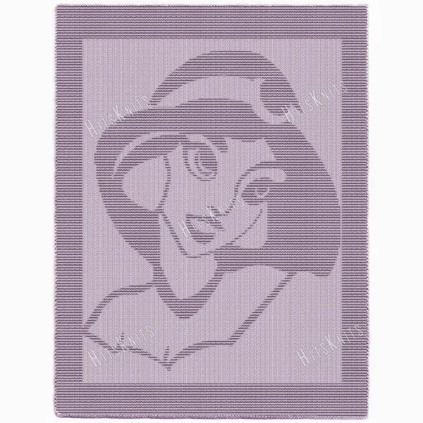 Soft lavender knitted baby blanket with a textured Princess Jasmine design from Disney Aladdin, framed by a wide garter stitch border.
