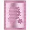 Pink knitted baby blanket with a textured Hello Kitty design, featuring her signature bow, created using knit and purl stitches with a garter stitch border.