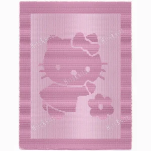 Pink knitted baby blanket with a textured Hello Kitty design, featuring her signature bow, created using knit and purl stitches with a garter stitch border.