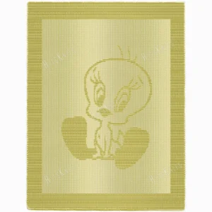 Yellow knitted blanket with a textured Tweety Bird character, created using knit and purl stitches, with a garter stitch border and smooth stockinette center.