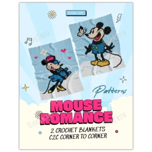 C2C crochet blanket patterns featuring Mickey and Minnie Mouse, two blanket designs on blue background, corner to corner crochet charts, digital pattern book cover