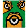 Minion C2C crochet blanket with one eyed character design, yellow and black details on green background, close up pixel style baby blanket