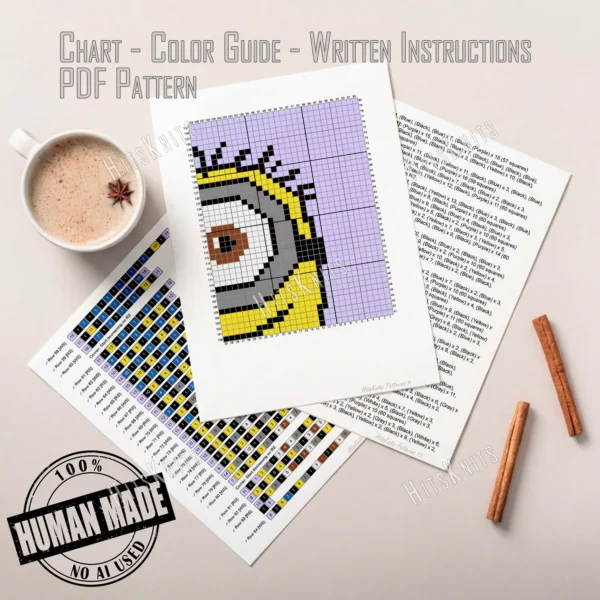 Minion Stuart C2C crochet blanket with one eyed character design, yellow body and blue overalls on purple background, full body pixel style blanket