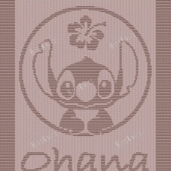 Beige knit and purl blanket with a textured Stitch character motif inside a circle and “ohana” lettering, framed by a garter stitch border on a light background