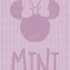 Pink knitted blanket with a textured Minnie Mouse silhouette and signature bow, the word “MINI” included in the design, created using knit and purl stitches with a garter stitch border and soft raised texture.