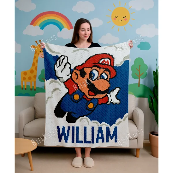 Super Mario personalized blanket with name William, C2C crochet pattern design, flying Mario on blue sky background with clouds, white border, baby boy blanket concept
