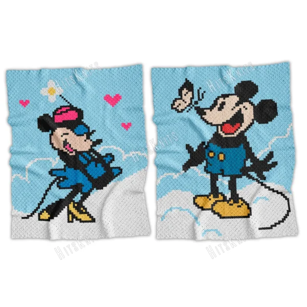 C2C crochet blankets featuring Mickey and Minnie Mouse from a Disney cartoon, two pixel-style blanket designs on blue background with clouds, corner to corner crochet pattern set