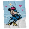 C2C crochet blankets featuring Mickey and Minnie Mouse from a Disney cartoon, two pixel-style blanket designs on blue background with clouds, corner to corner crochet pattern set