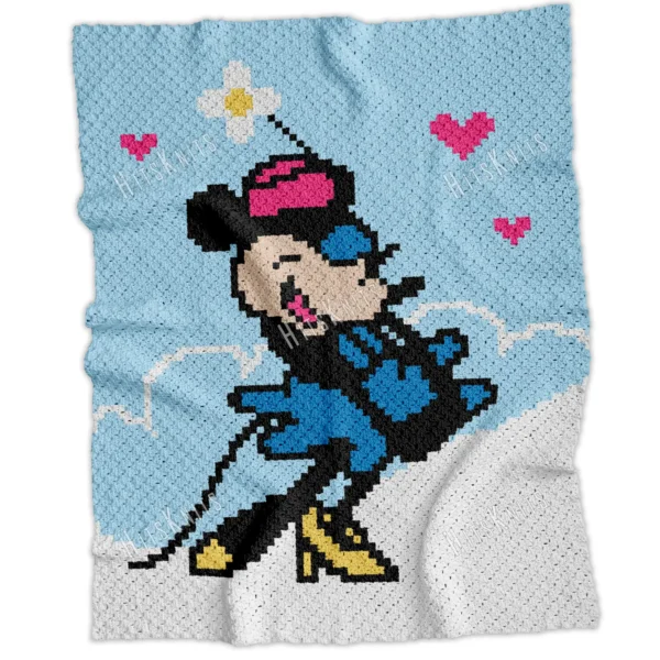 C2C crochet blankets featuring Mickey and Minnie Mouse from a Disney cartoon, two pixel-style blanket designs on blue background with clouds, corner to corner crochet pattern set