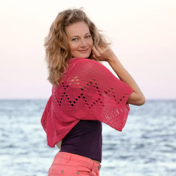 Coral lace diamond shrug knitting pattern, lightweight summer cotton bolero, womens dress cover up, airy knit texture, elbow length sleeves, back view