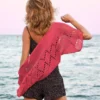 Coral lace diamond shrug knitting pattern, lightweight summer cotton bolero, womens dress cover up, airy knit texture, elbow length sleeves, back view
