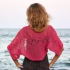 Coral lace diamond shrug knitting pattern, lightweight summer cotton bolero, womens dress cover up, airy knit texture, elbow length sleeves, back view