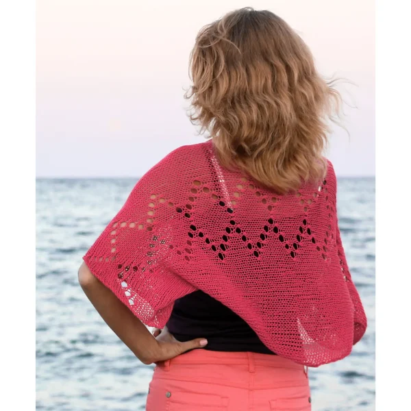 Coral lace diamond shrug knitting pattern, lightweight summer cotton bolero, womens dress cover up, airy knit texture, elbow length sleeves, back view