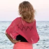 Coral lace diamond shrug knitting pattern, lightweight summer cotton bolero, womens dress cover up, airy knit texture, elbow length sleeves, back view
