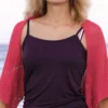 Coral lace diamond shrug front view, elegant bridal bolero, open knit crop cardigan, lightweight summer accessory, womens shrug layering piece