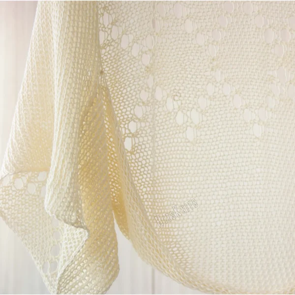 Ivory lace diamond shrug knitting pattern, lightweight summer cotton bolero, womens dress cover up, open knit crop cardigan, airy texture, elbow length sleeves, hanger view