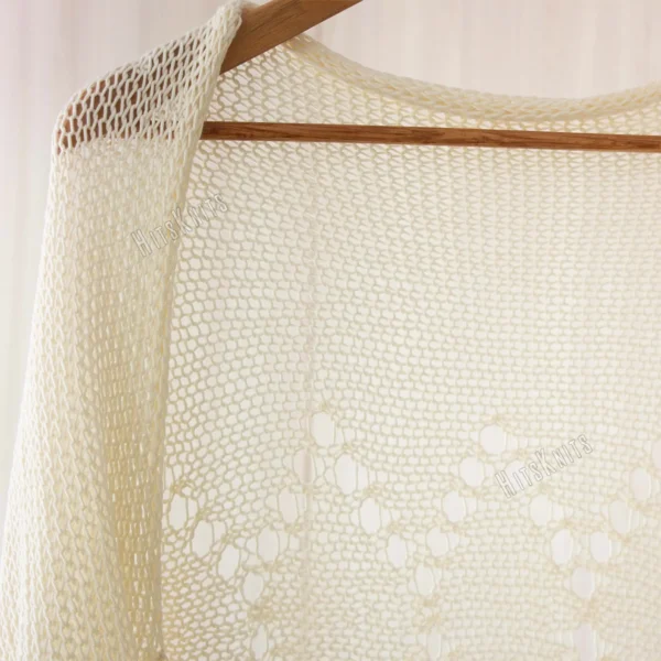 Ivory lace diamond shrug knitting pattern, lightweight summer cotton bolero, womens dress cover up, open knit crop cardigan, airy texture, elbow length sleeves, hanger view