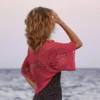 Coral lace diamond shrug knitting pattern, lightweight summer cotton bolero, womens dress cover up, airy knit texture, elbow length sleeves, back view