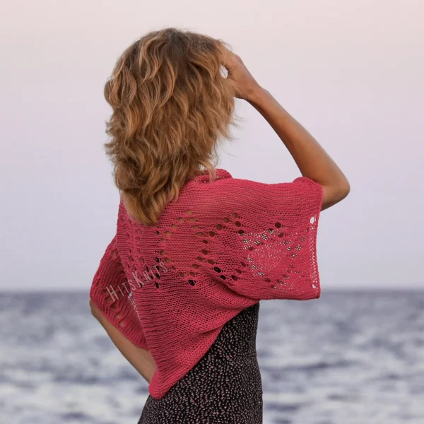 Coral lace diamond shrug knitting pattern, lightweight summer cotton bolero, womens dress cover up, airy knit texture, elbow length sleeves, back view