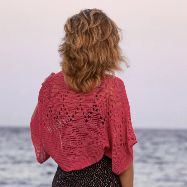 Coral lace diamond shrug knitting pattern, lightweight summer cotton bolero, womens dress cover up, airy knit texture, elbow length sleeves, back view